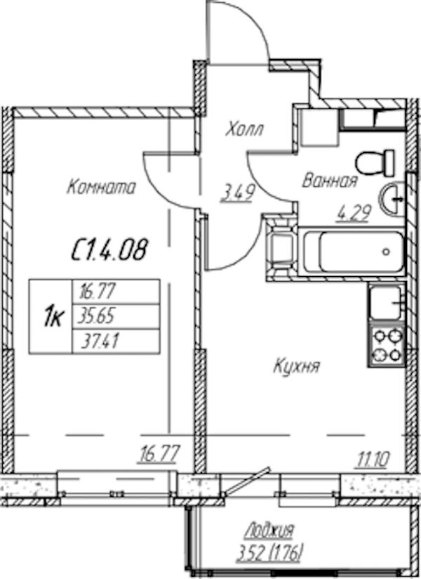 1-комнатная квартира 37.41 м², 4/22 эт., ЖК «Парк-квартал Юнтолово»